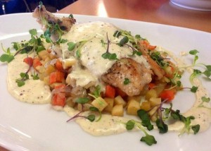 roasted chicken breast with root veg hash and sage cream sauce
